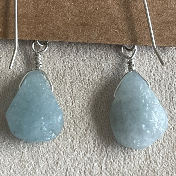 Natural Aquamarine Earrings Sterling Silver Wire Wrapped Raw Gemstones –Handmade - Picture 5 of 10